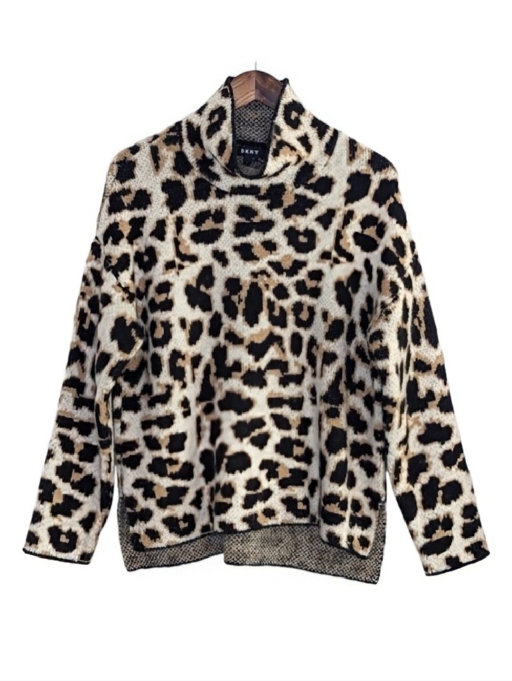 DKNY Oversized Funnel Neck Sweater Leopard Print Hi-Low Cozy Mob Wife Size L